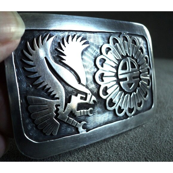 Native American STERLING Silver BELT BUCKLE Eagle SUN FACE Carved Signed SC - Picture 5 of 7
